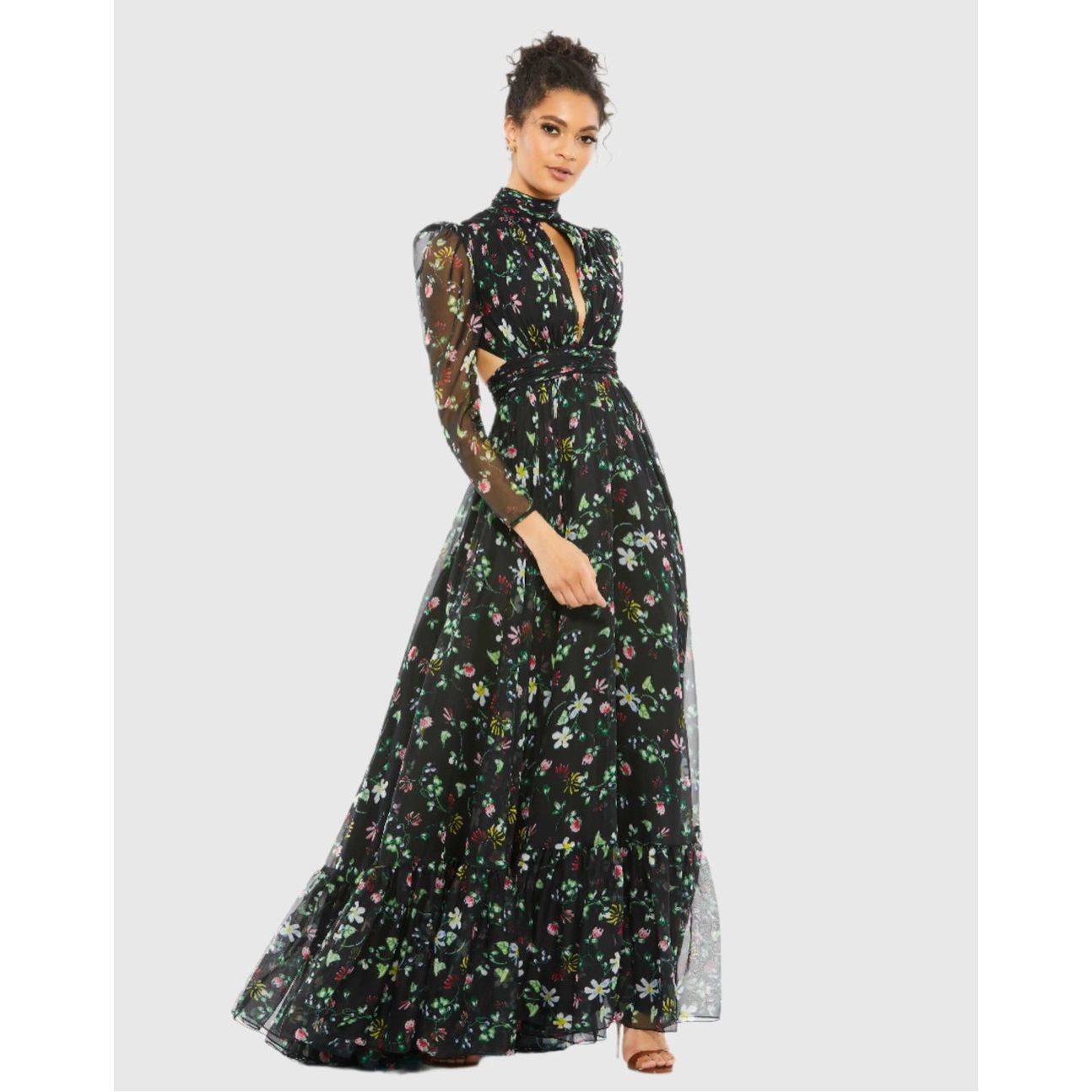 Nwt Mac Duggal Black Floral High Neck Puff Sleeve Gown Size 2 $398